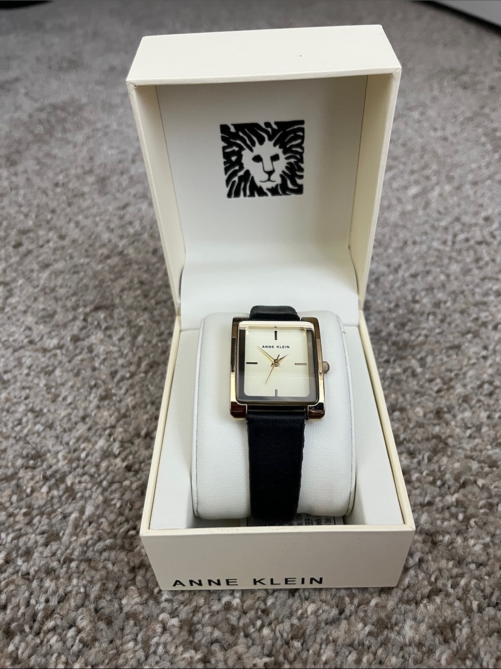 Anne Klein Gold-Tone Square Watch with Black Strap